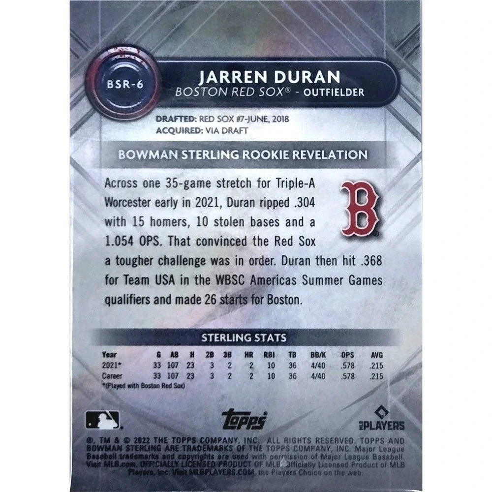 2022 Bowman Sterling - Rookies Jarren Duran #BSR-6 Speckle Refractor #/99
